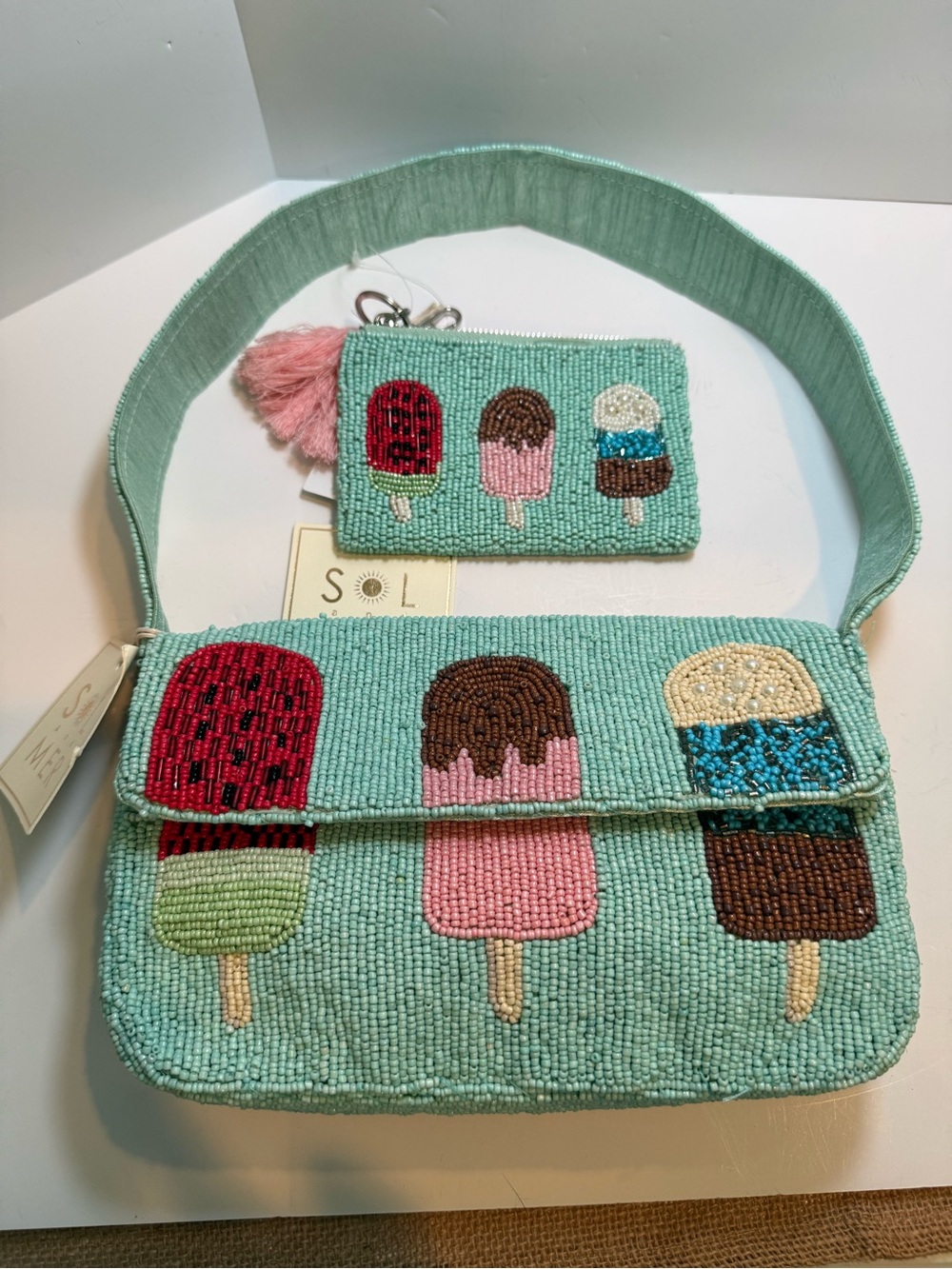 * Sol & Mer Aqua Beaded Popsicle Shoulder Bag & Matching Beaded Zipper Pouch